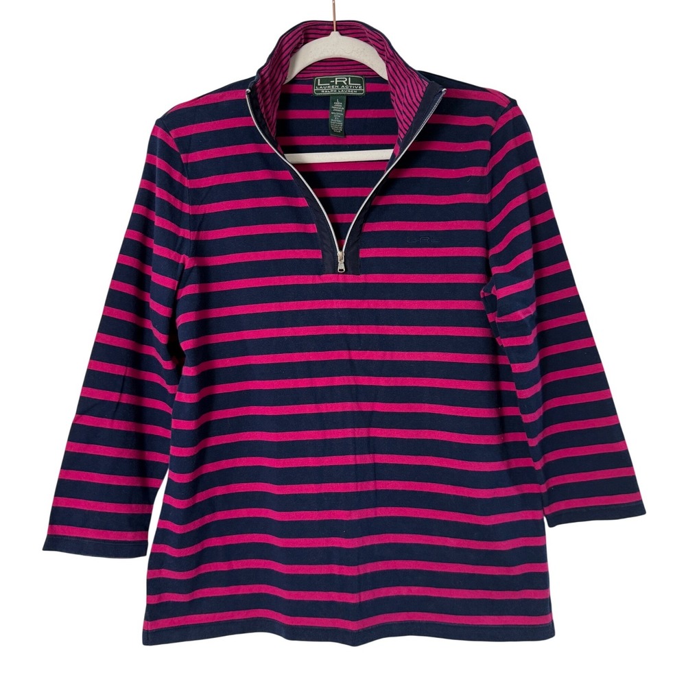 Lauren Ralph Lauren Active Pullover Women Large Pink Navy Striped Excellent Zip